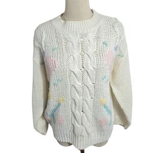 Midnight Blues Hand Knit Vintage White Floral Sweater
